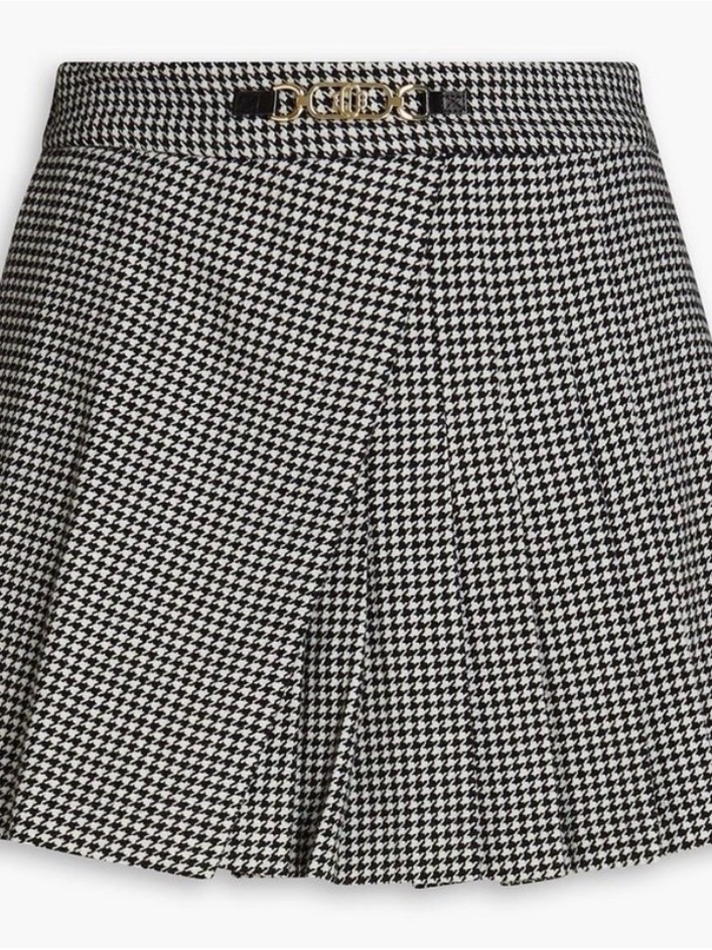 Maje Black & White Houndstooth Pleated Mini Skirt with Gold Logo